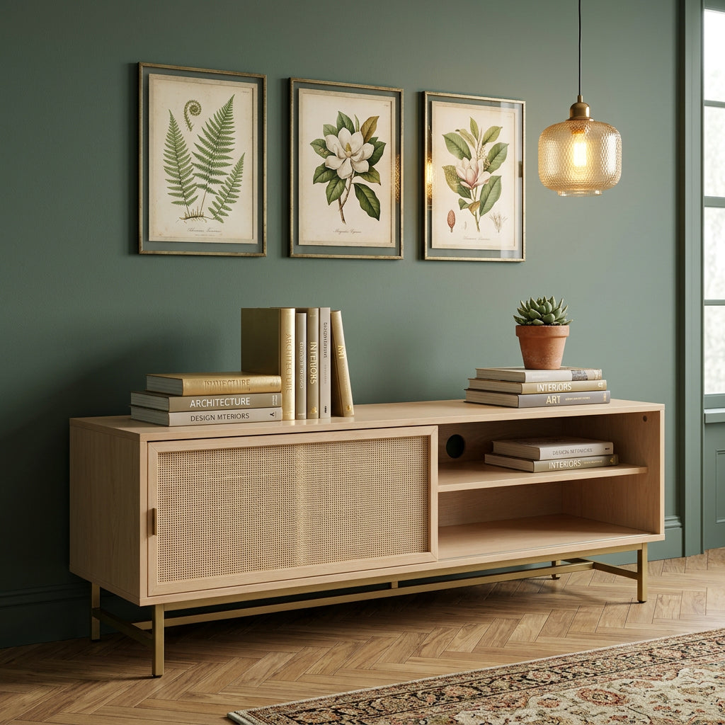 Rack TV como credenza en estudio verde