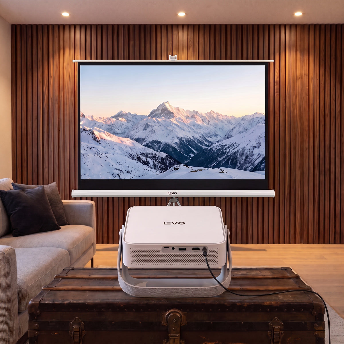 Proyector Novus y telón 100" LEVO, en uso en el living
