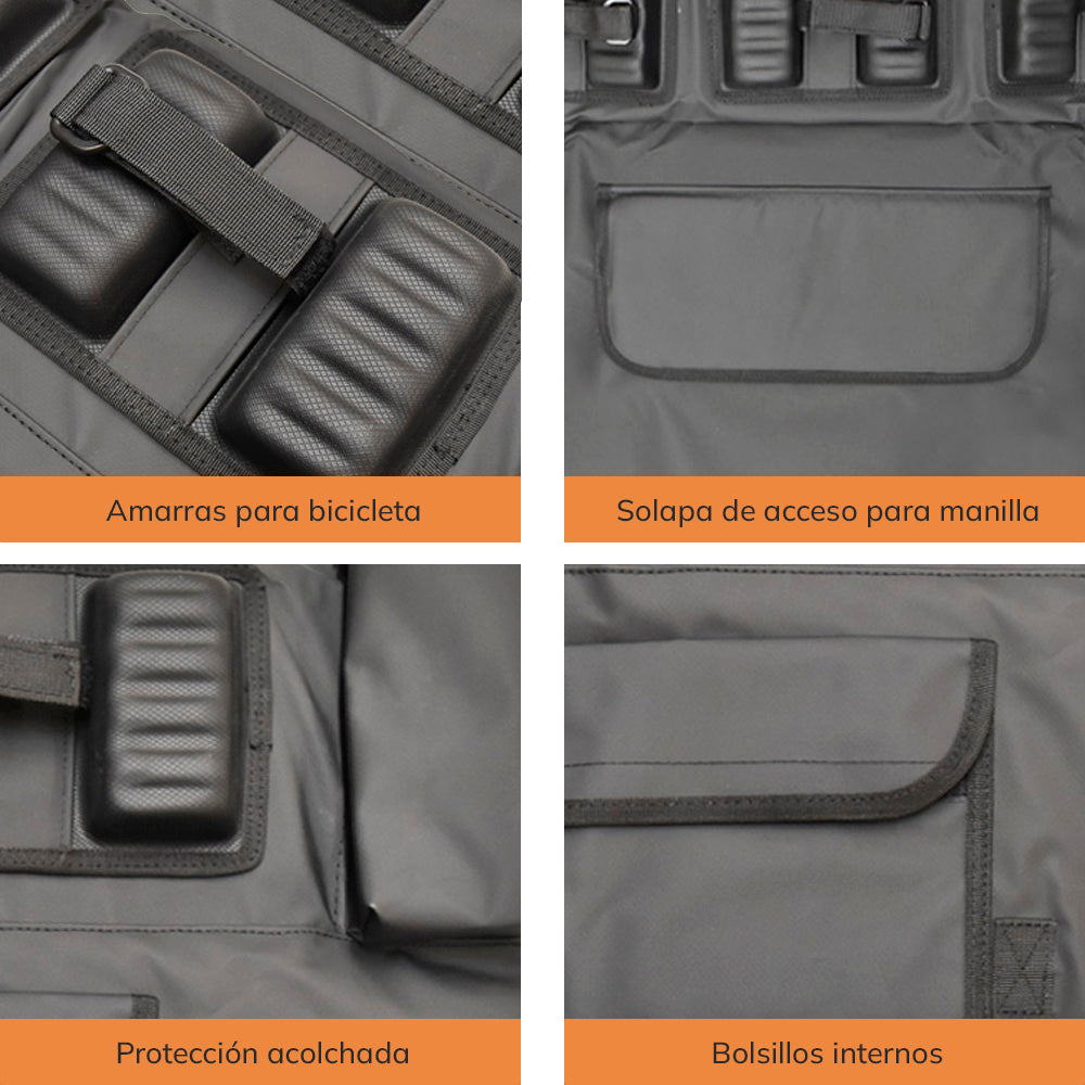 Detalles: amarras, solapa, protección acolchada y bolsillos