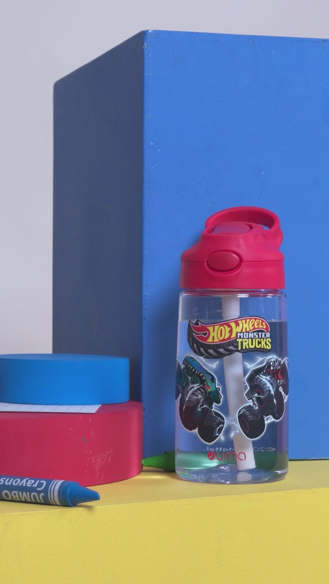 Video Botella Agua Niños Hot Wheels Monster Truck 420ml con Bombilla UMA