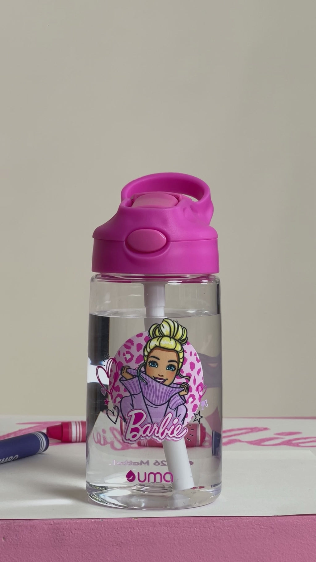 Video Botella Agua Niños Barbie Love 420ml con Bombilla UMA