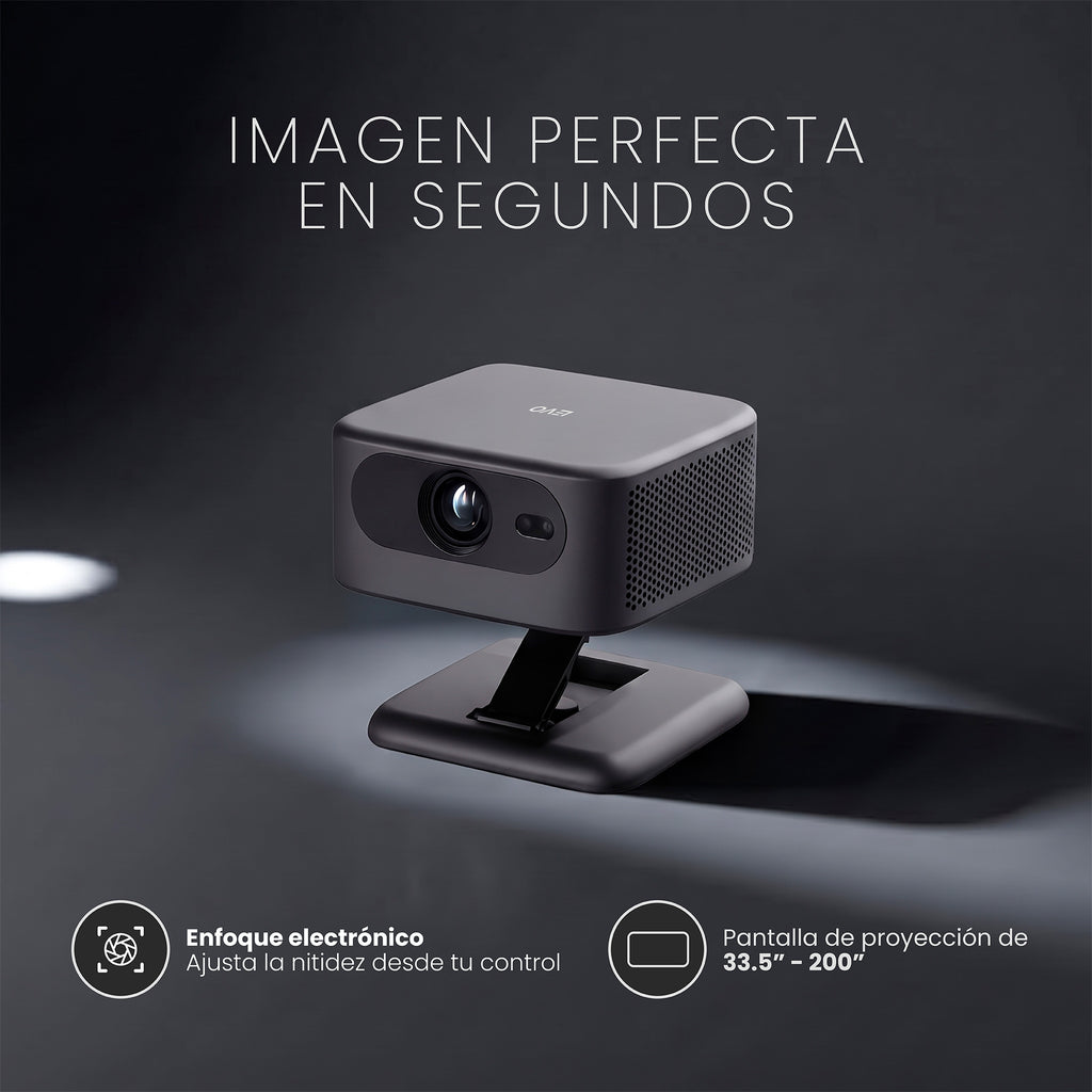 Proyector Flux y telón 100" LEVO, enfoque electrónico del Flux