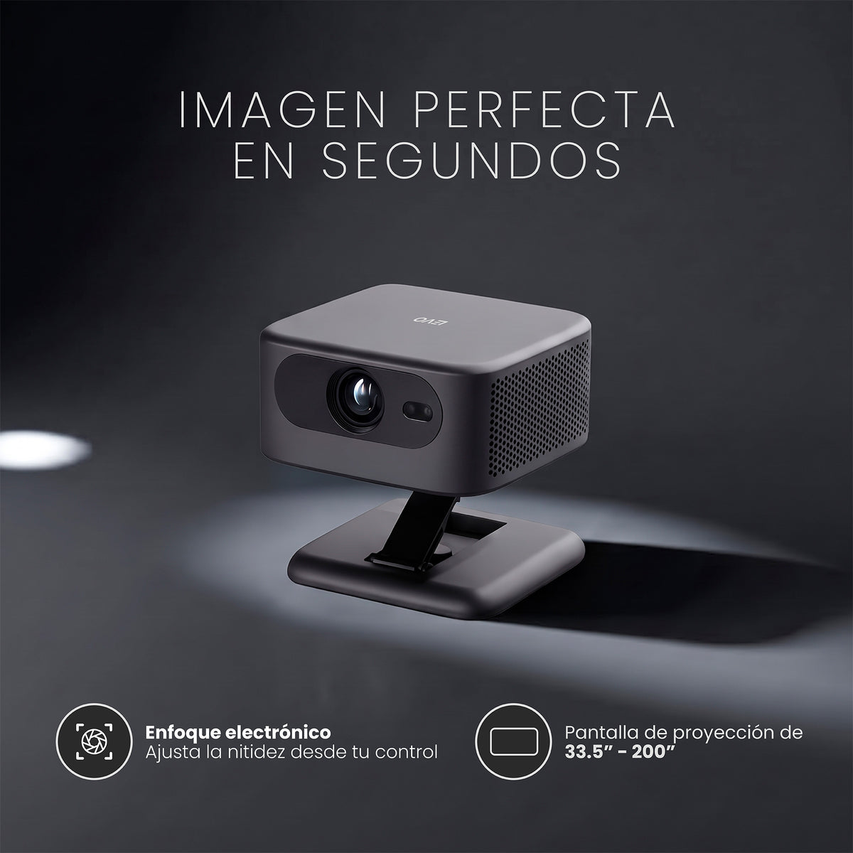 Proyector Flux y telón 100" LEVO, enfoque electrónico del Flux