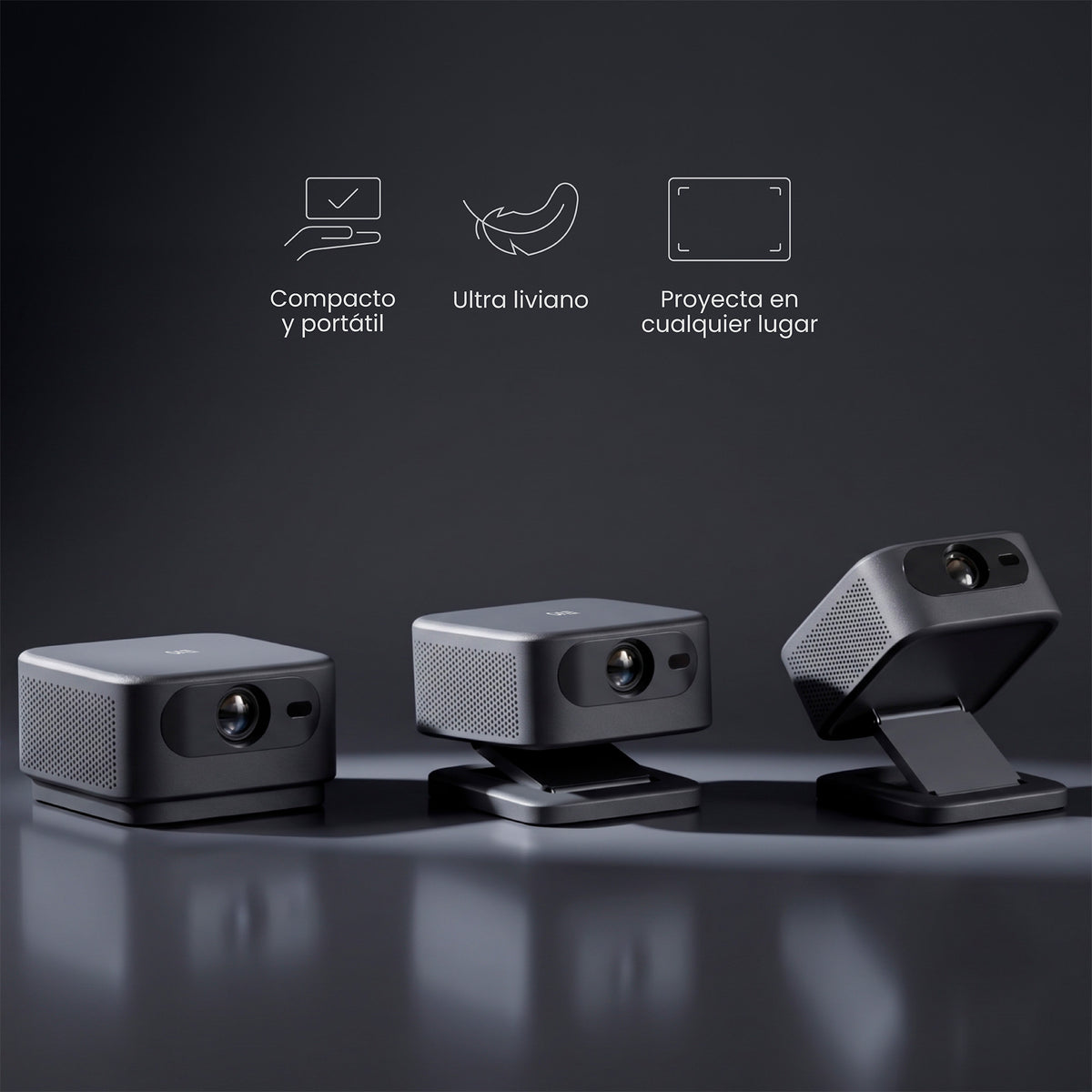 Proyector Flux y telón 100" LEVO, diseño compacto y portátil del Flux
