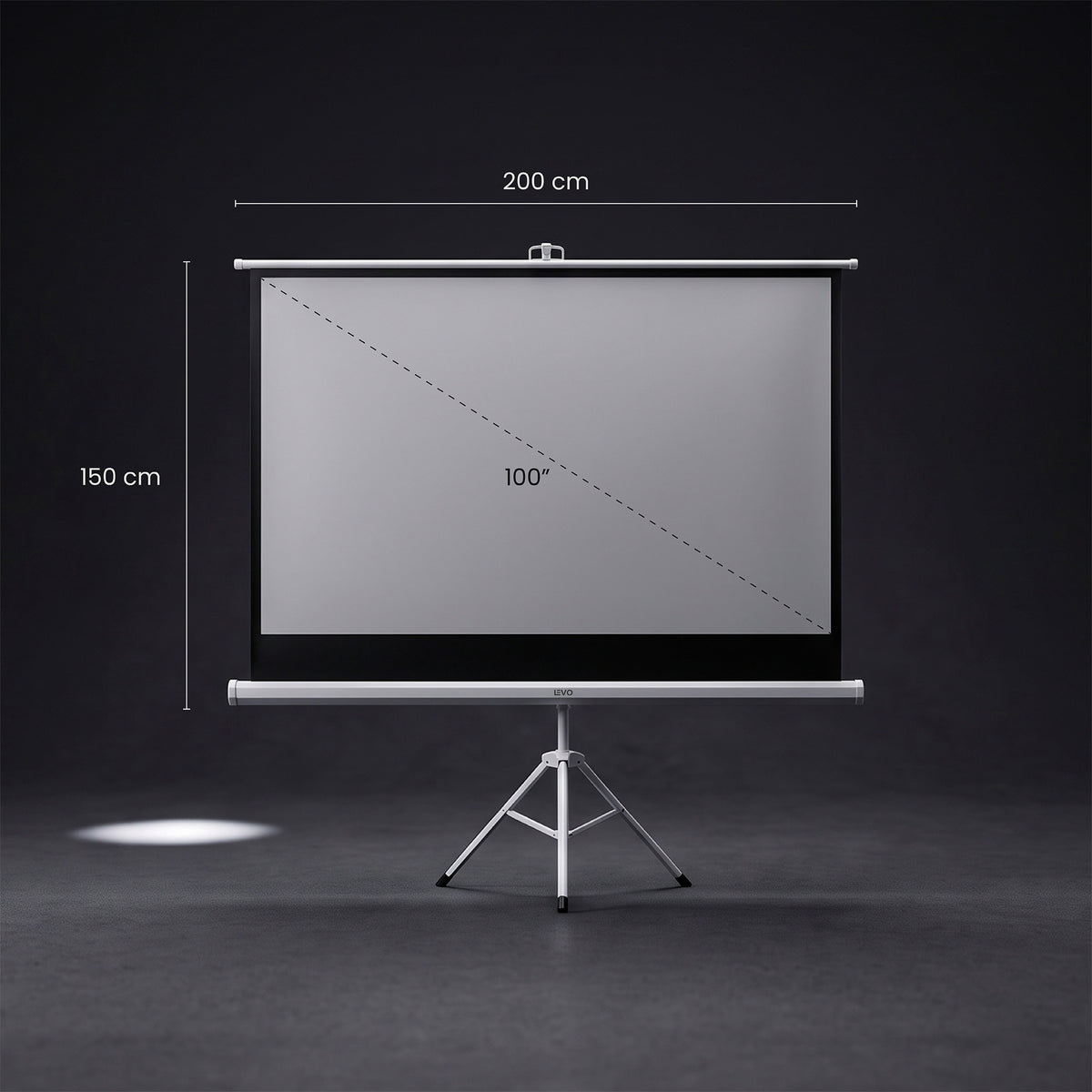 Proyector Flux y telón 100" LEVO, medidas del telón, 200 x 150 cm
