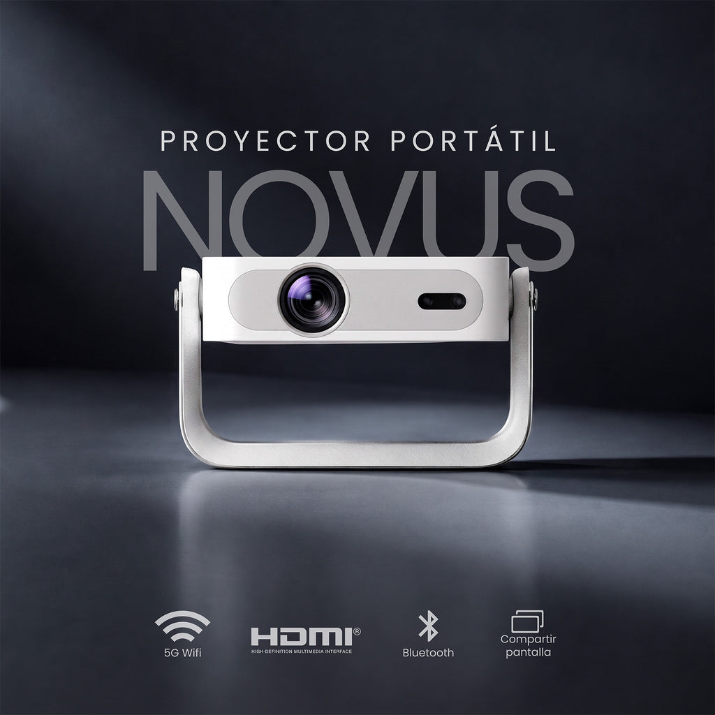 Proyector Novus y telón 100" LEVO, proyector Novus con WiFi 5G, HDMI y Bluetooth