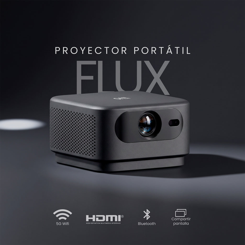 LEVO Proyector Portátil Smart Flux — vista frontal con conectividad WiFi, HDMI y Bluetooth