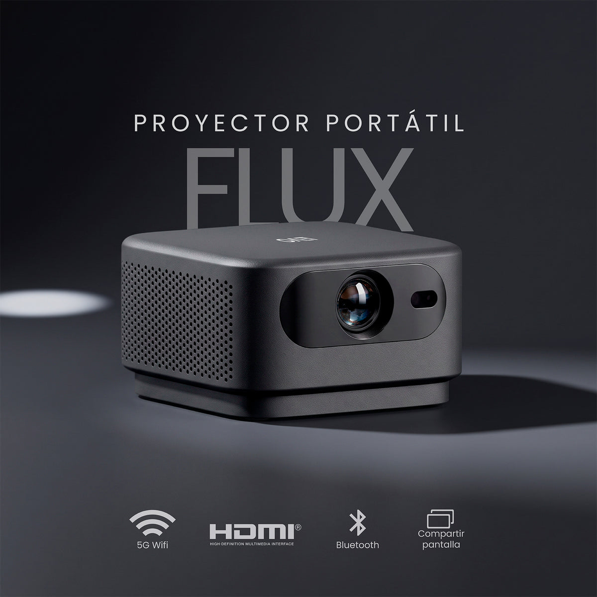 LEVO Proyector Portátil Smart Flux — vista frontal con conectividad WiFi, HDMI y Bluetooth