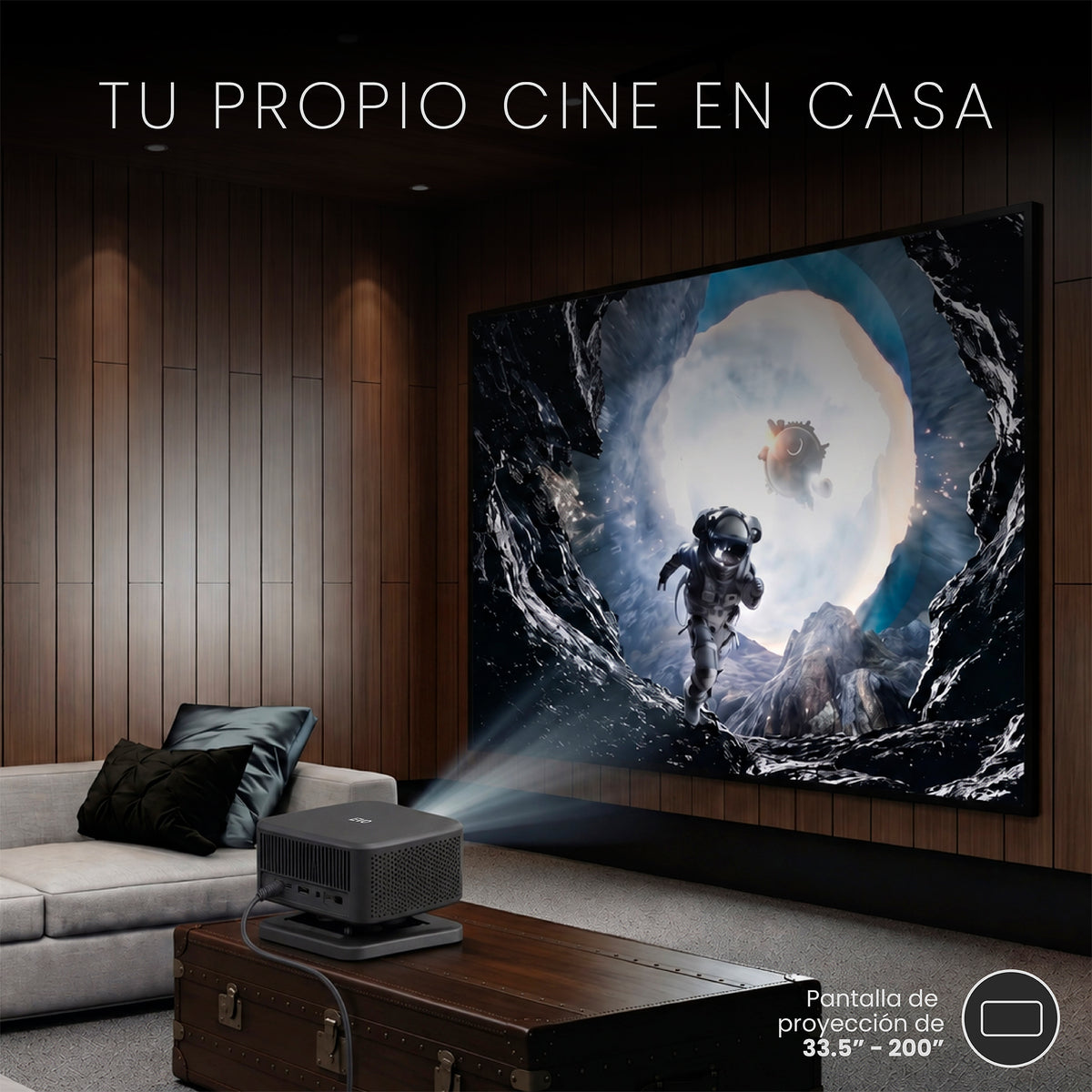 LEVO Proyector Portátil Smart Flux — proyectando en el living, tu propio cine en casa