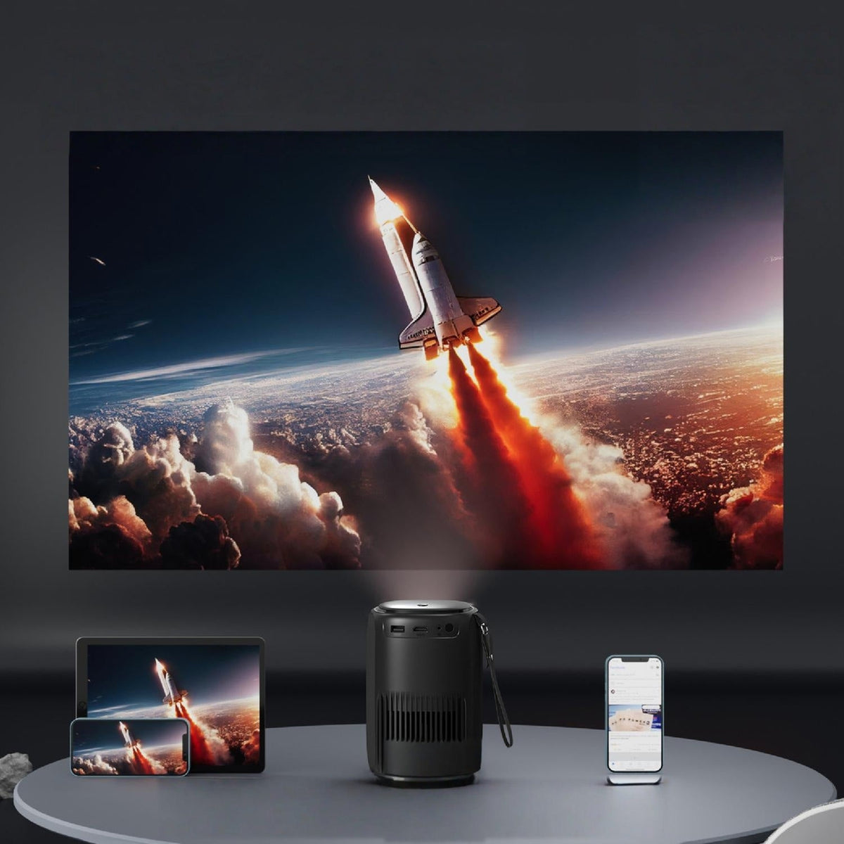 LEVO Proyector Nova — lifestyle proyectando Netflix en sala familiar