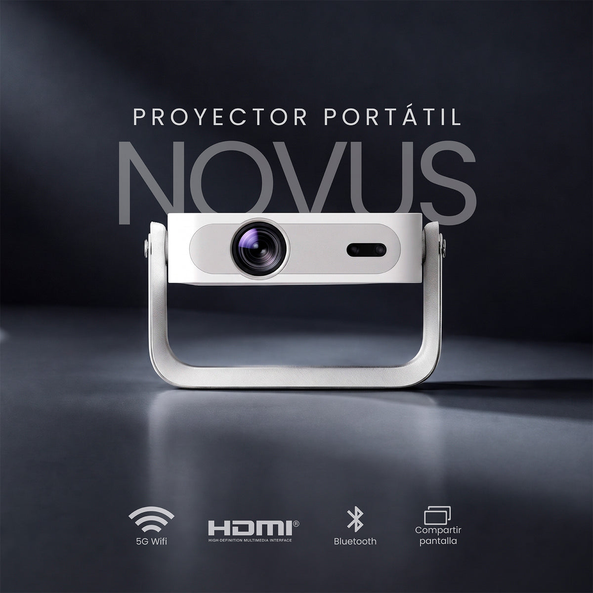 LEVO Proyector Portátil Smart Novus — vista frontal con conectividad WiFi, HDMI y Bluetooth