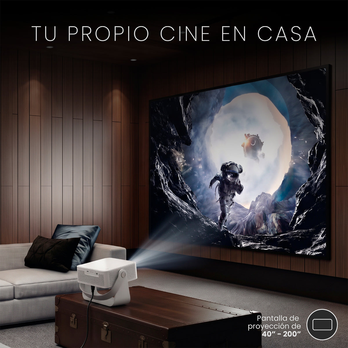 LEVO Proyector Portátil Smart Novus — proyectando en el living, tu propio cine en casa