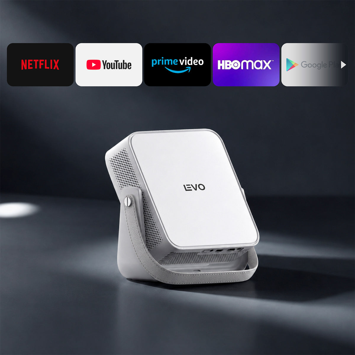 LEVO Proyector Portátil Smart Novus — packshot con las apps de streaming