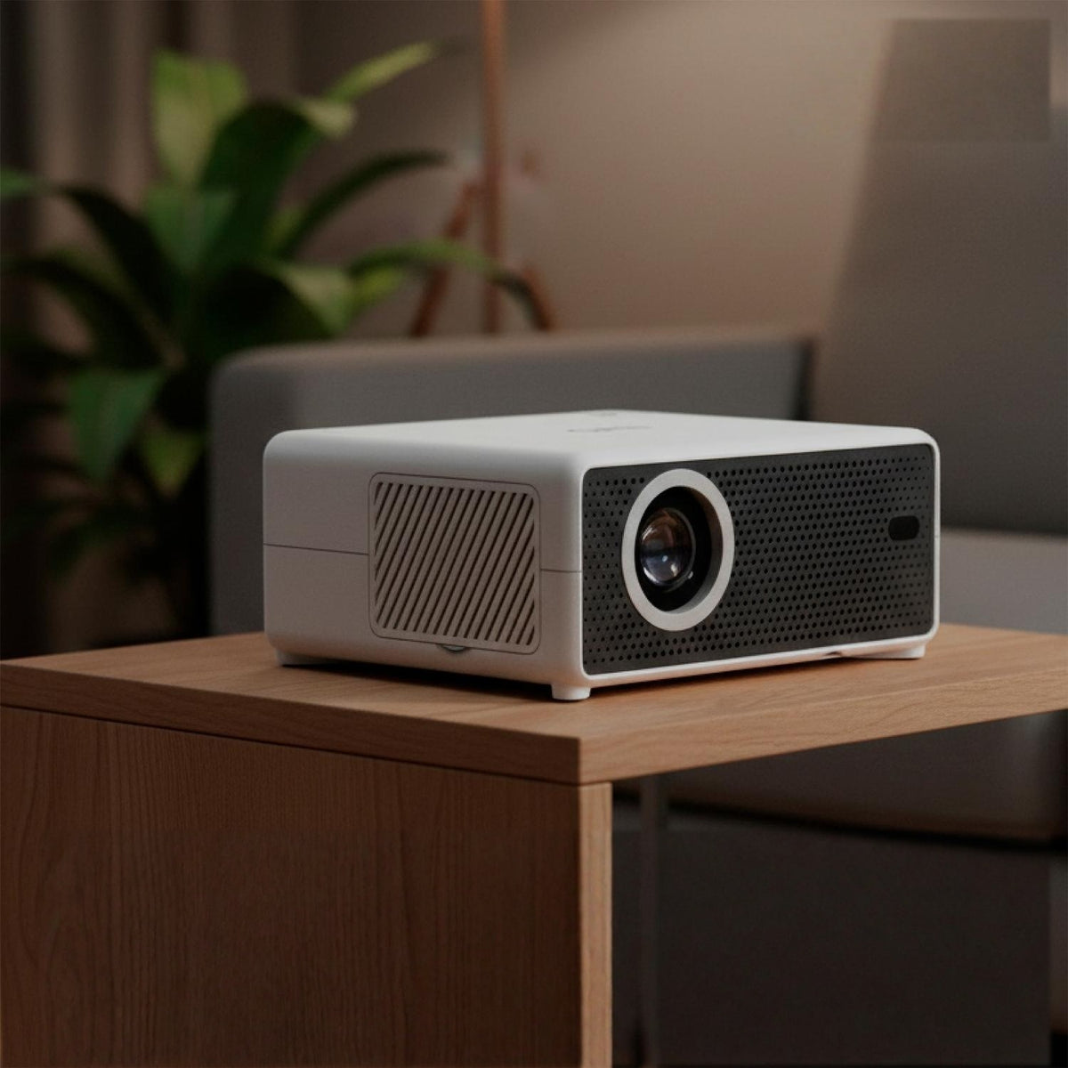 LEVO Proyector Hexa — ángulo lateral con asa de transporte visible