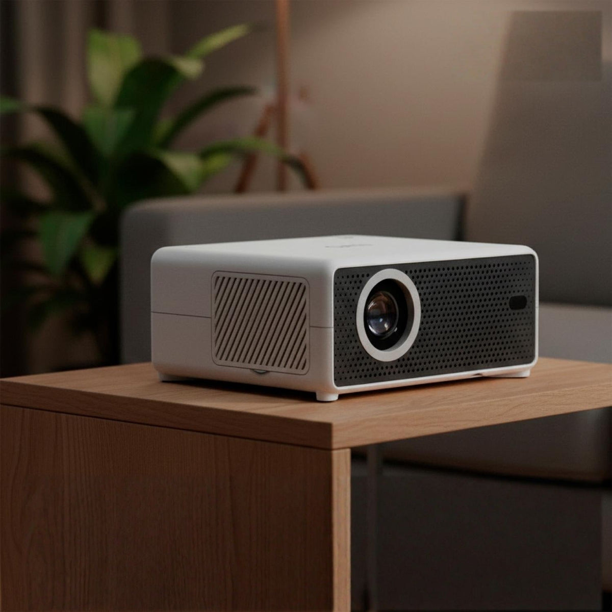 LEVO Proyector Hexa — ángulo lateral con asa de transporte visible