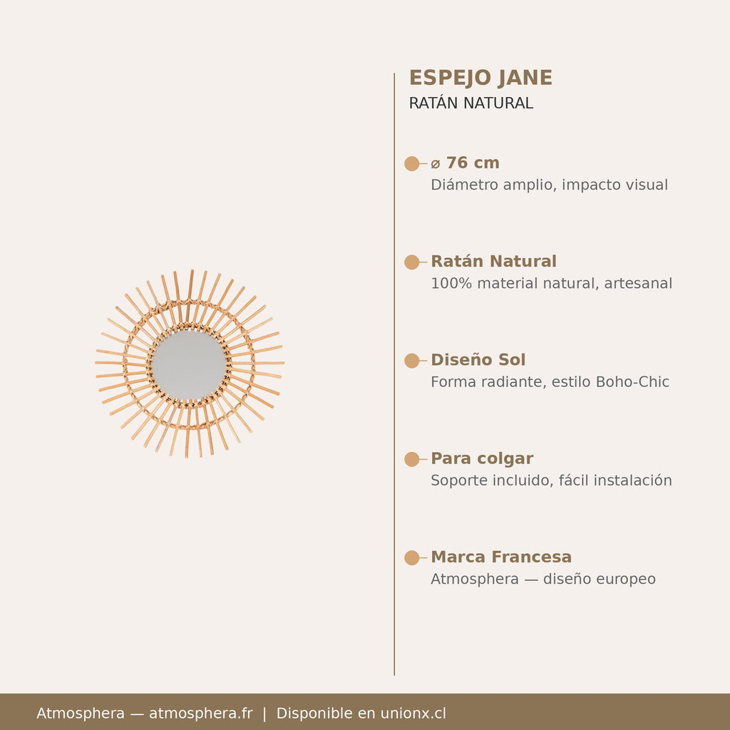 Espejo Jane Ratán 76cm características ratán natural diseño sol Atmosphera