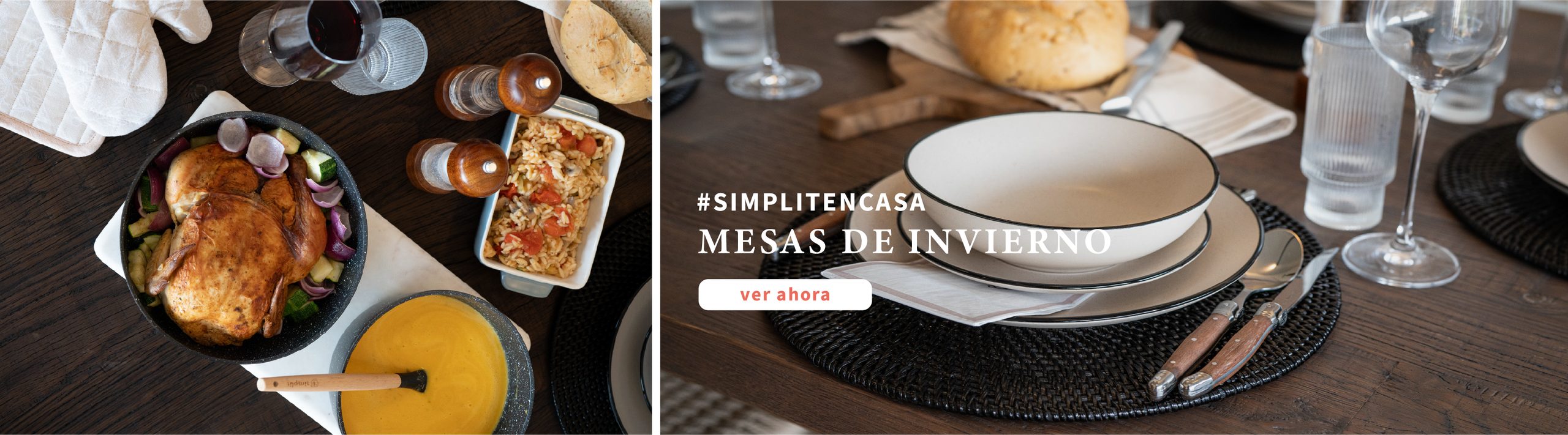 Simplit mesa de invierno con vajilla de ceramica, bateria de cocina y pan