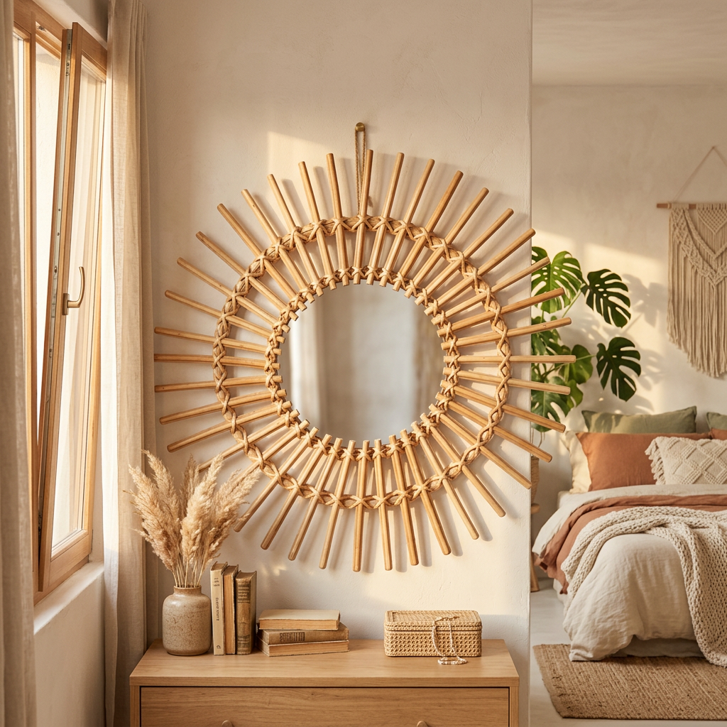 Espejo Redondo Jane 58cm Ratan en living moderno - Atmosphera Francia